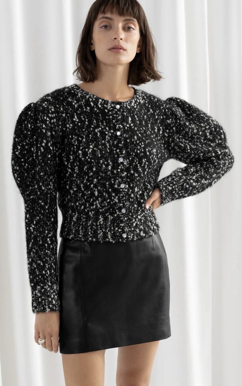 & Other Stories Puff Sleeve Bouclé Cropped Cardigan — XS Black White Alpaca Wool